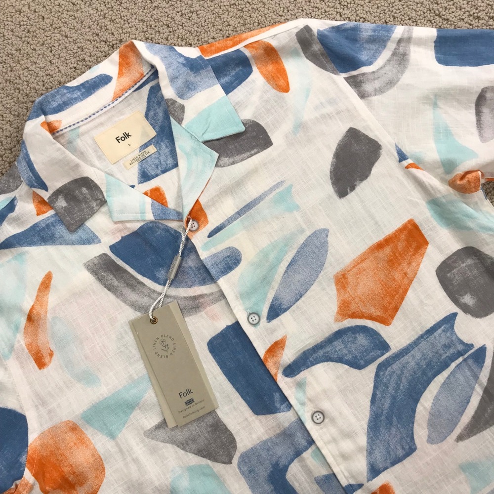 Folk Mens Linen Blend Abstract Print Short Sleeve Button Down Shirt White Large